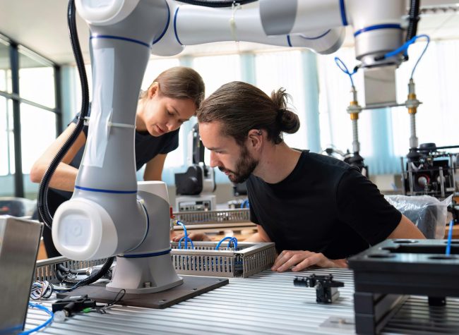 An engineer in research development robotic factory checking prototype of automation robot arm