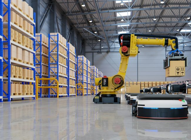 Factory Automation with AGV and robotic arm in transportation.