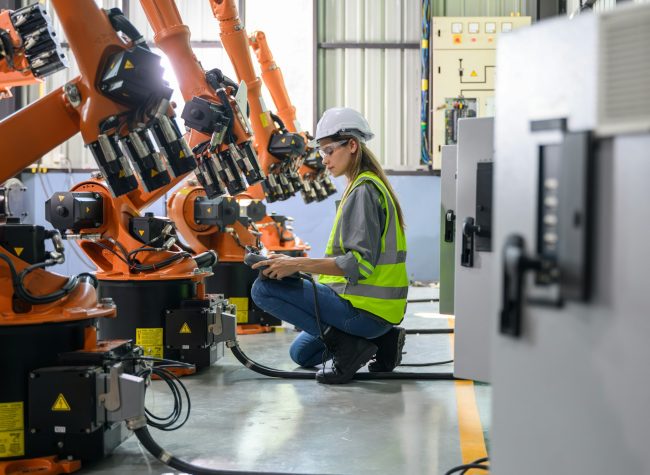 Maintenance engineer worker working with robotic machine automation