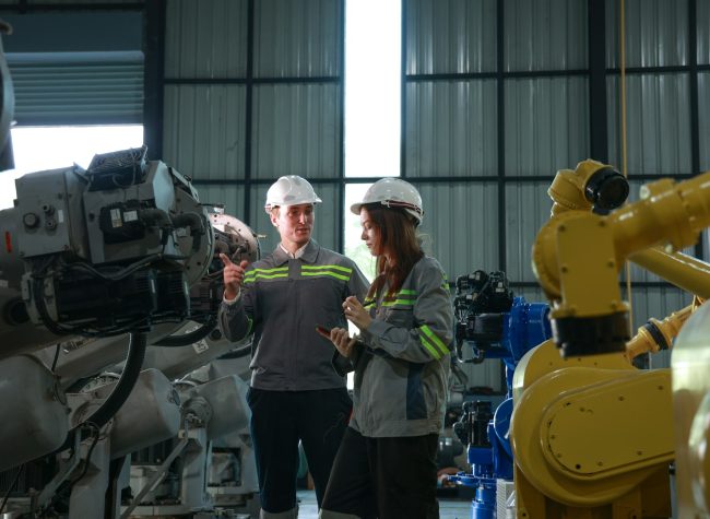 Technical Team Analyzing Automation Systems in Robotic Engineering Facility